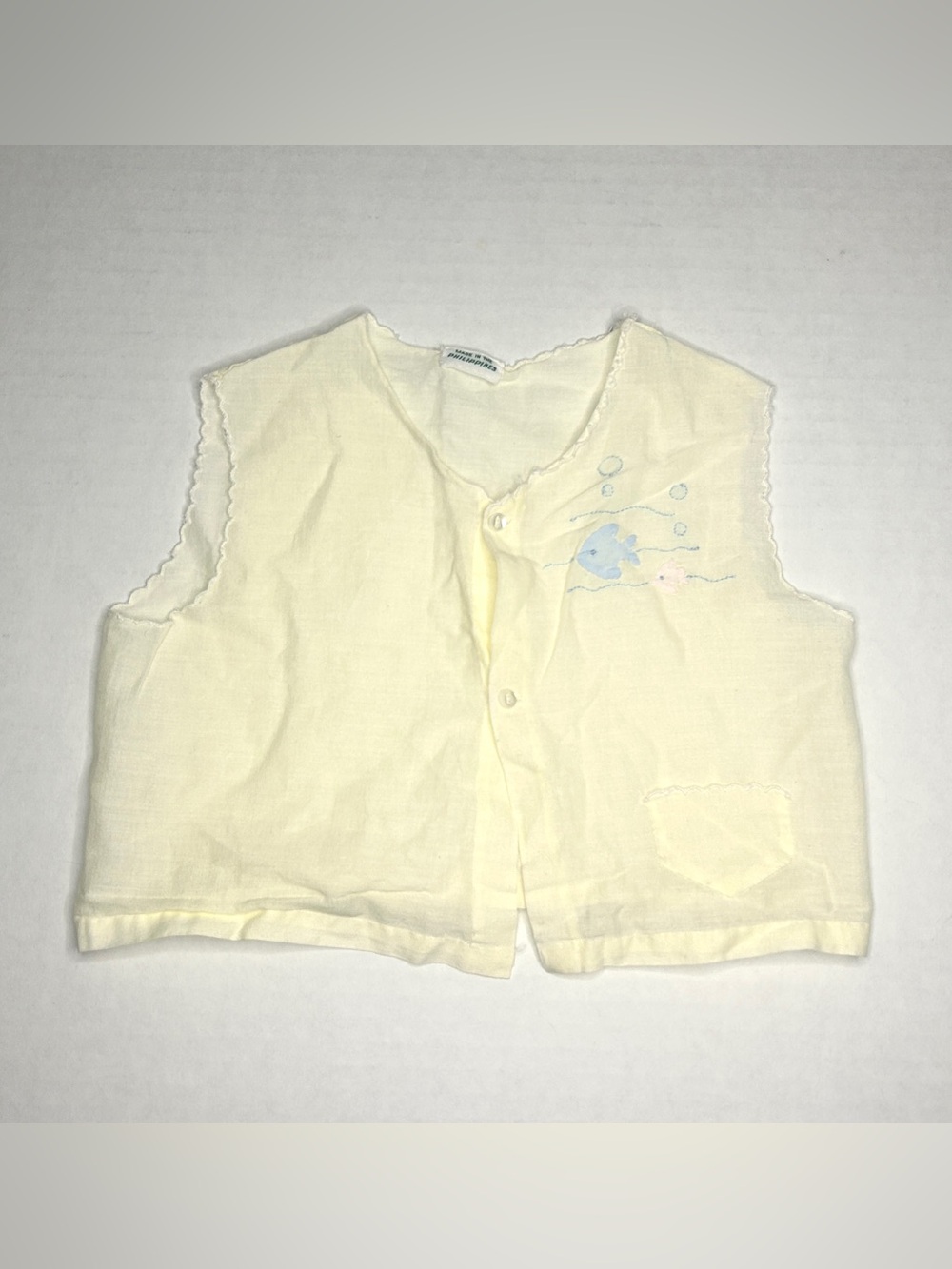 Soft Cream-Colored Baby Vest/Top w/ Delicate Blue Fish Embroidery and Buttons